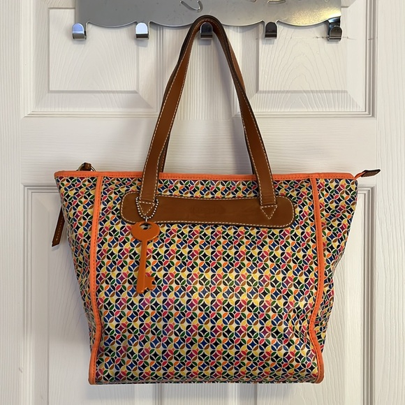 Fossil Colorful Geometric Print Tote Bag Purse Handbag w/ Brown Leather Trim - Picture 16 of 16